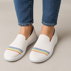 Rothy's The Sneaker Women's White Rainbow Stripe‎ Knit Slip On Shoes Size 3